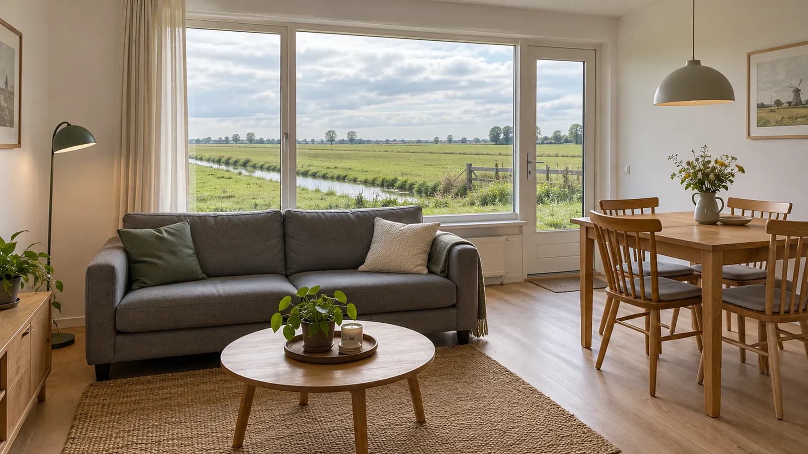 Bright living room of a Dutch holiday home overlooking the polder (illustration)