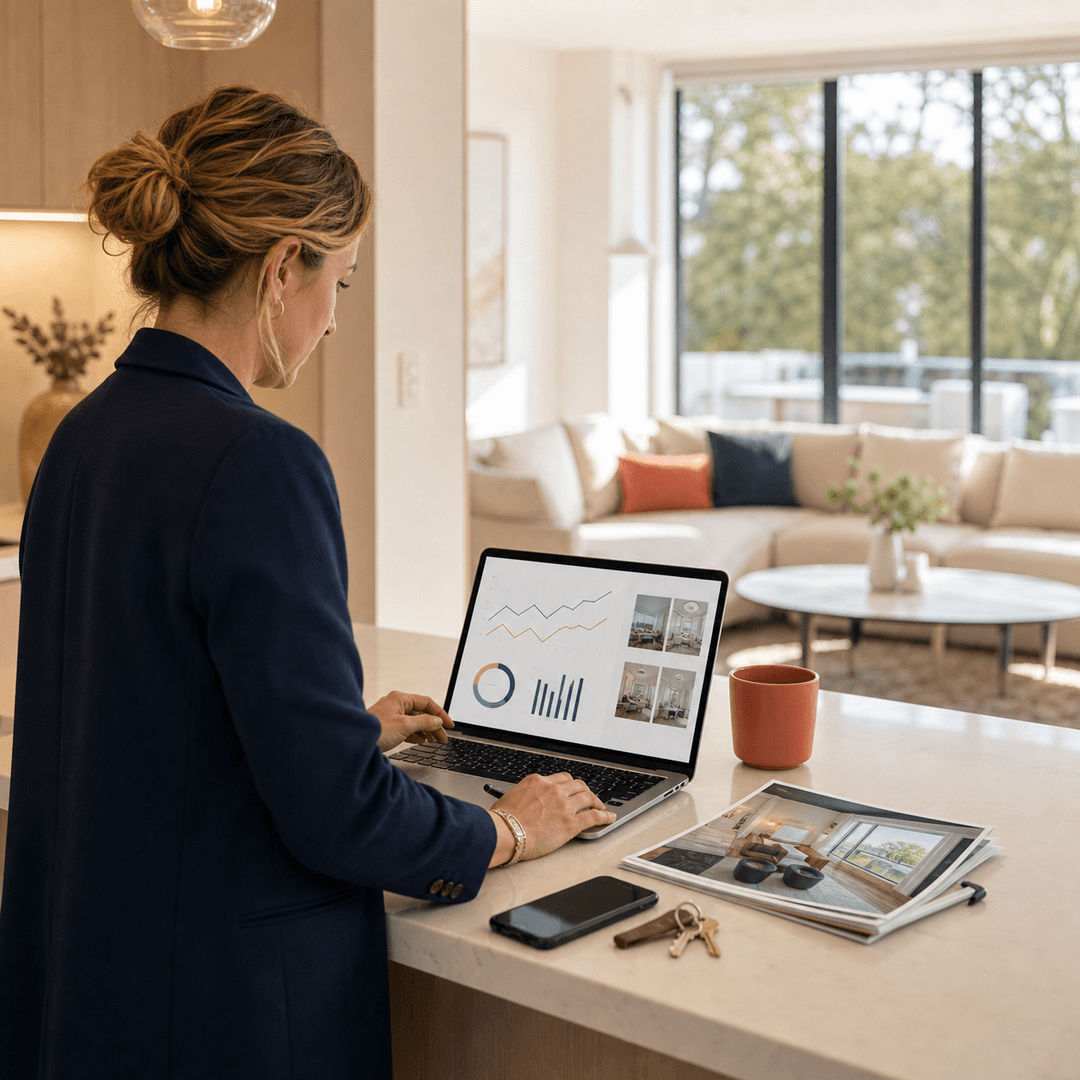 Illustration of a property manager reviewing rental performance