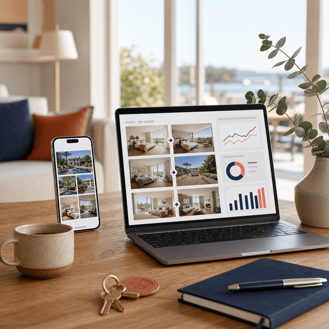 Illustration of property photos and rental figures on a laptop and phone