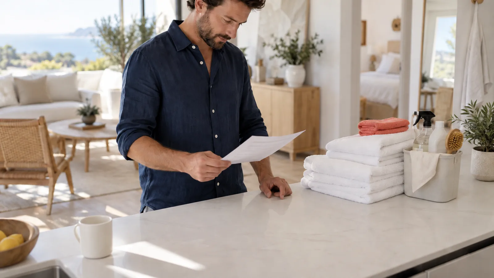 Host at a kitchen island reading a printed booking summary while fresh towels and a cleaning caddy wait on the counter