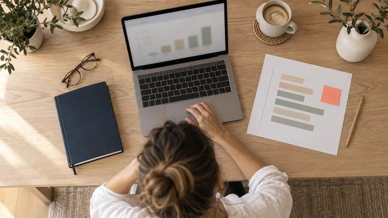 Desk with a laptop, a printed pricing band chart and a notebook, one spot marked with a coral sticky note