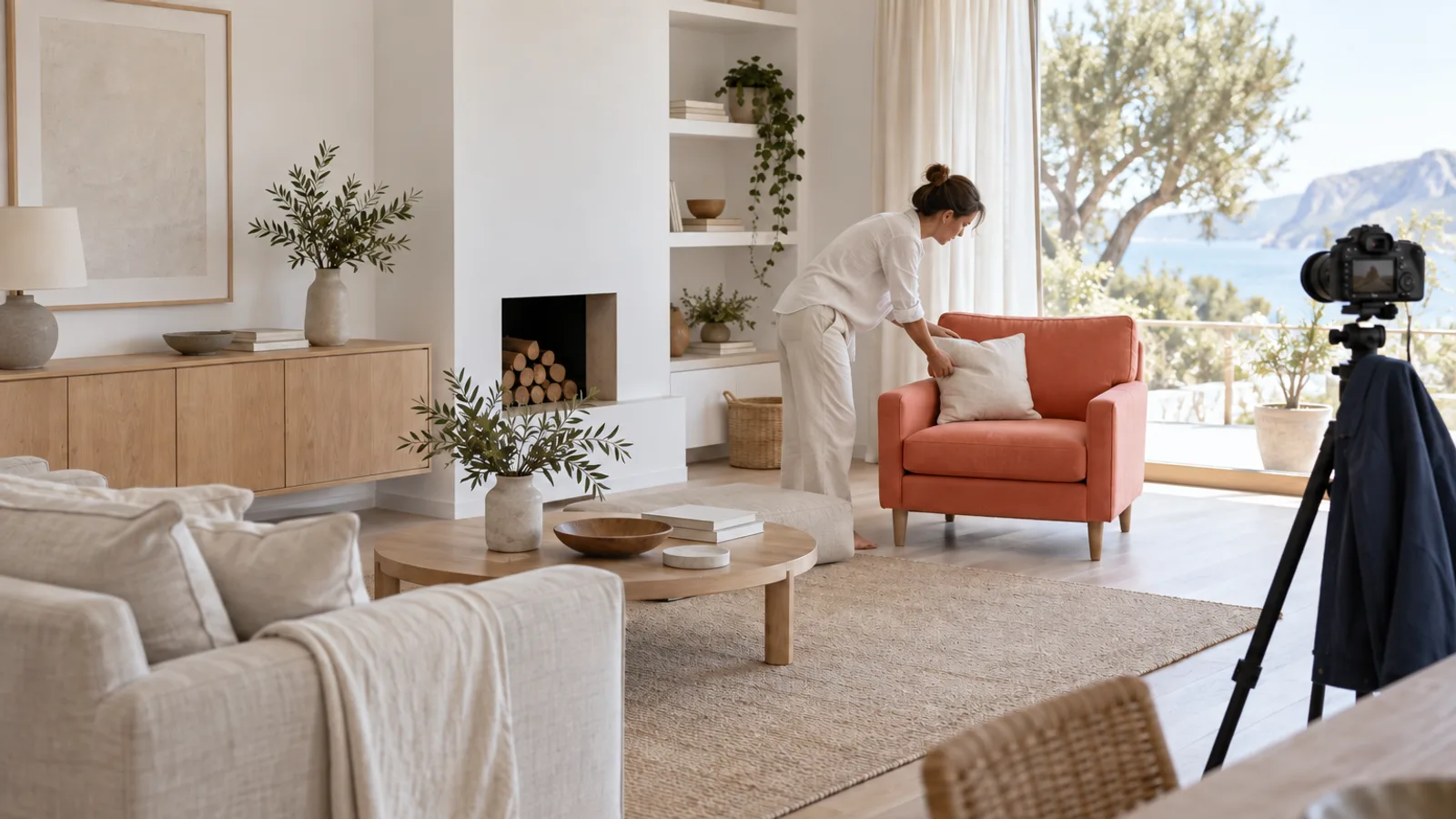 Neutral living room with one bold coral armchair by the window and a camera on a tripod aimed at it