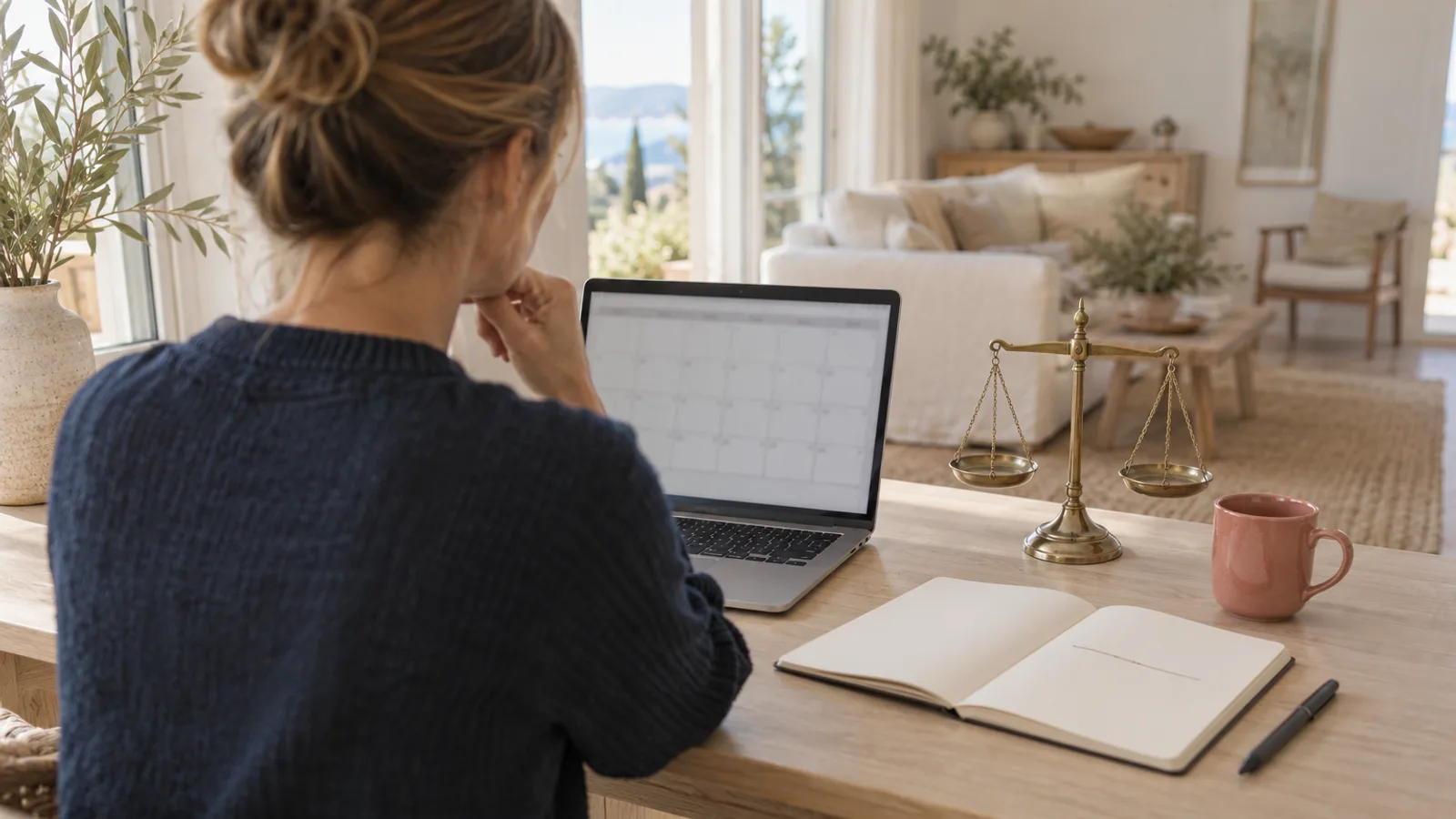 Host at a desk by a window with a laptop showing a blurred calendar, a blank notebook and a small brass balance scale