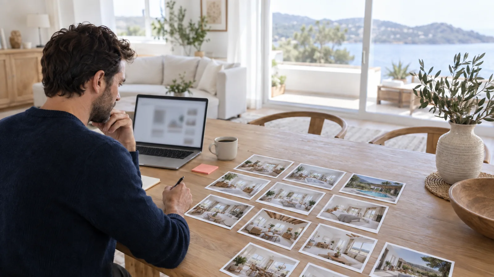 Host at a dining table with a laptop and printed property photos spread out, planning listing improvements