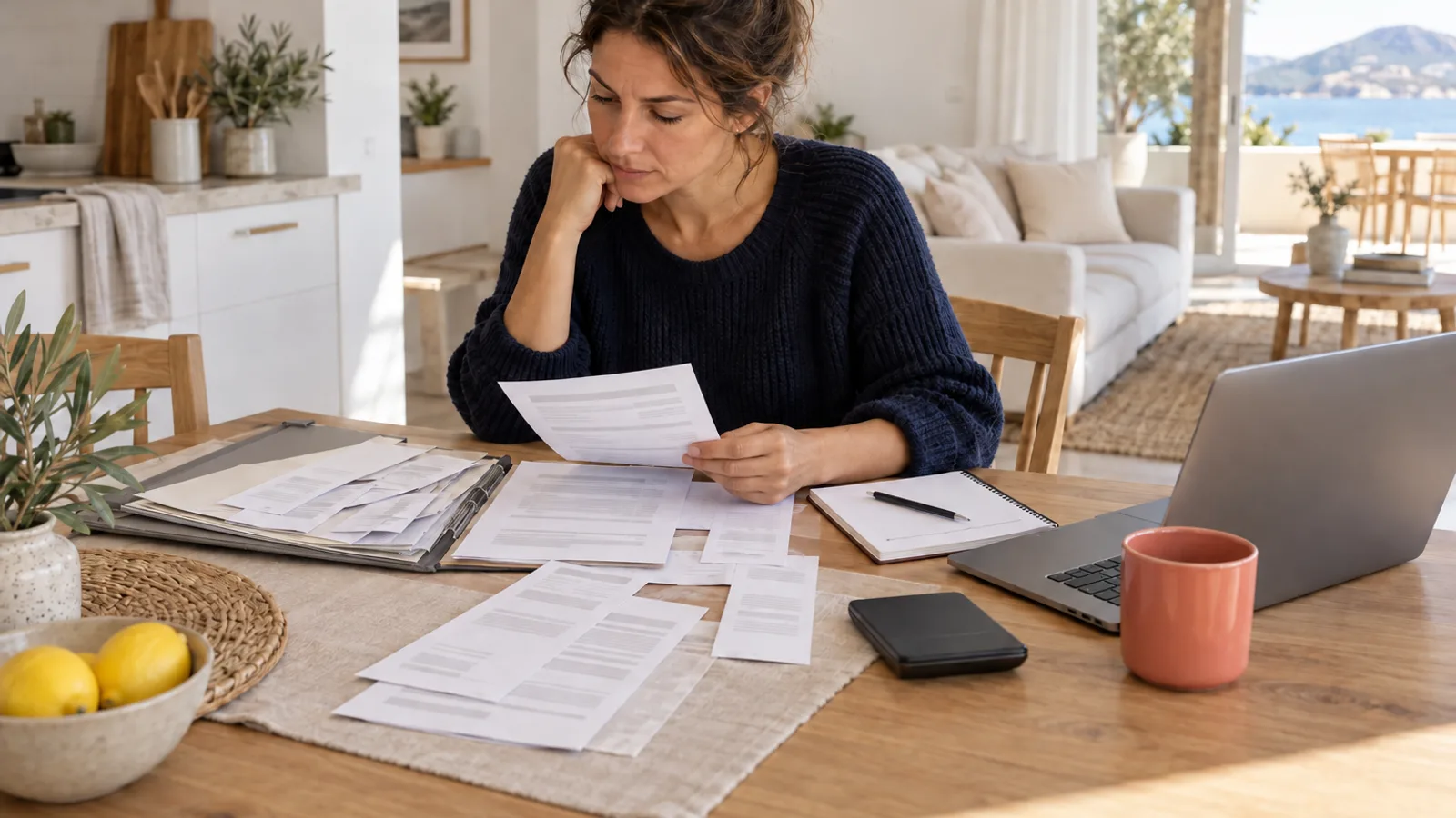 Host at a kitchen table with bills and receipts spread out, working out a cost floor on a notepad