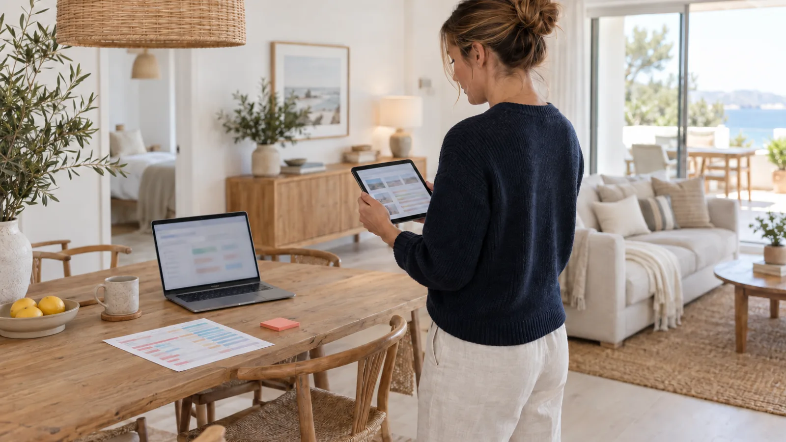 Host with a tablet in a bright living room, a laptop and a colour-coded tracker sheet on the table behind