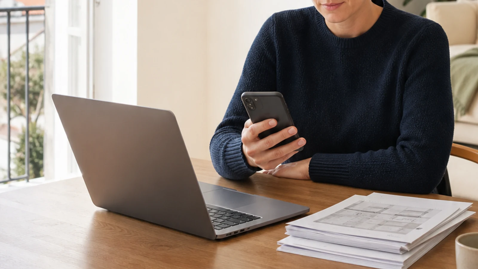 Host reviewing guest feedback and property performance at a bright kitchen table