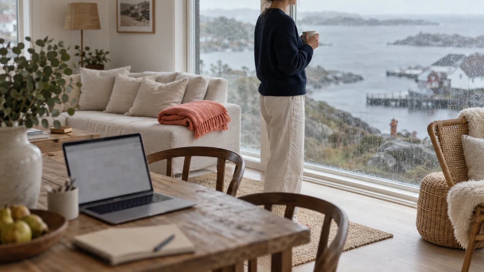 Host with a mug looking out at a rainy coastal view from a holiday home in the off-season