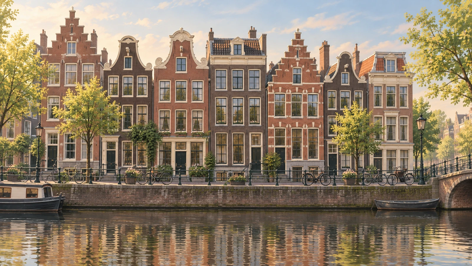 Illustratie: rij Amsterdamse grachtenpanden aan een gracht in de ochtend, met fietsen langs de kade