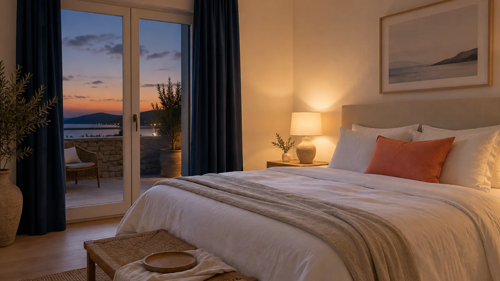 Empty, perfectly made rental bedroom at dusk with a bedside lamp on and nobody there