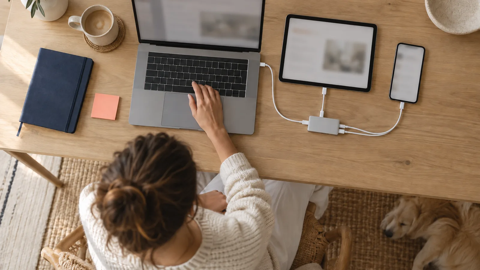 Desk with a laptop, tablet and phone neatly connected by cables to one small hub