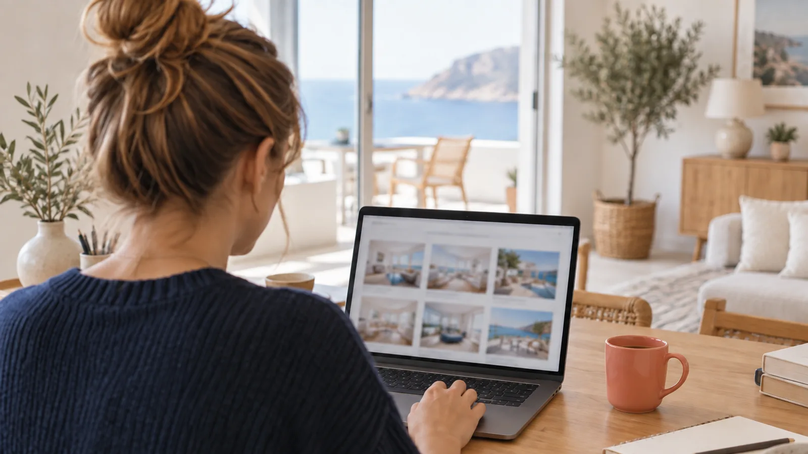 Host at a laptop browsing a blurred grid of rental listings in a bright home office