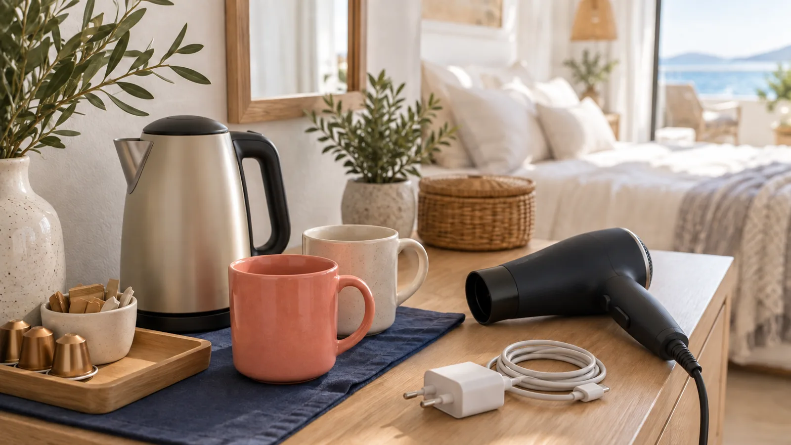 Bedside table in a rental bedroom with a kettle, hairdryer, phone charger and coffee pods