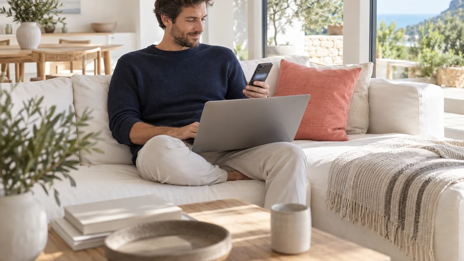Host on a sofa with a laptop glancing at a phone notification in a bright living room