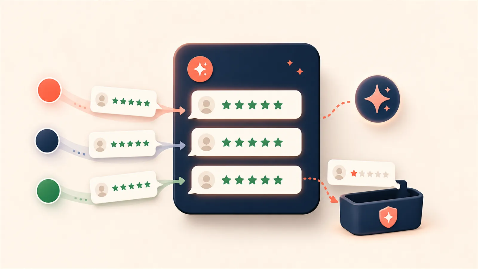 Een dashboard toont sterrenbeoordelingen die binnenkomen vanaf Google, Booking en Airbnb, met een AI-assistent die reacties voorstelt.