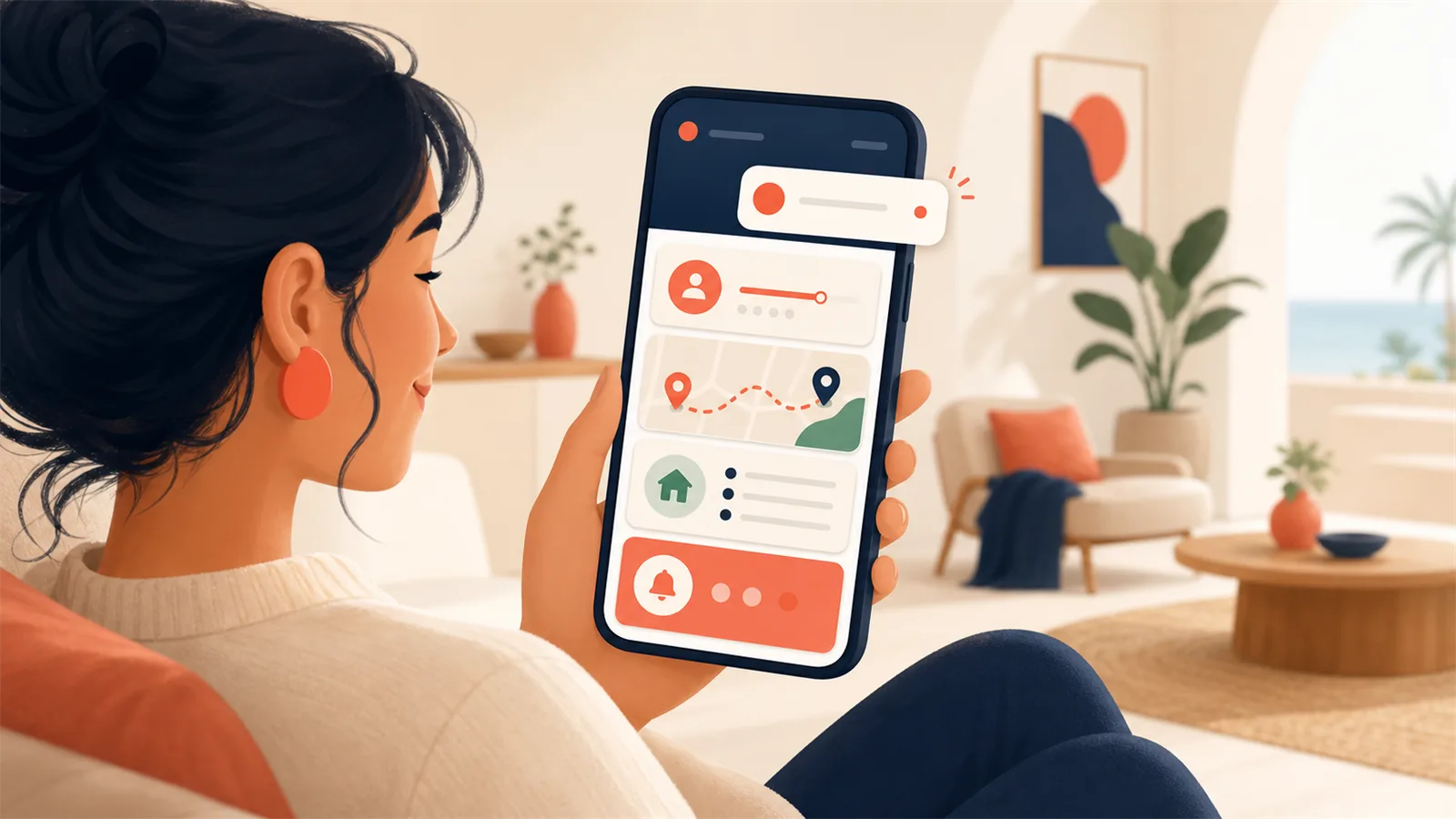 Een gast gebruikt de Great Stay gastenapp op een telefoon voor online inchecken en verblijfsinformatie.