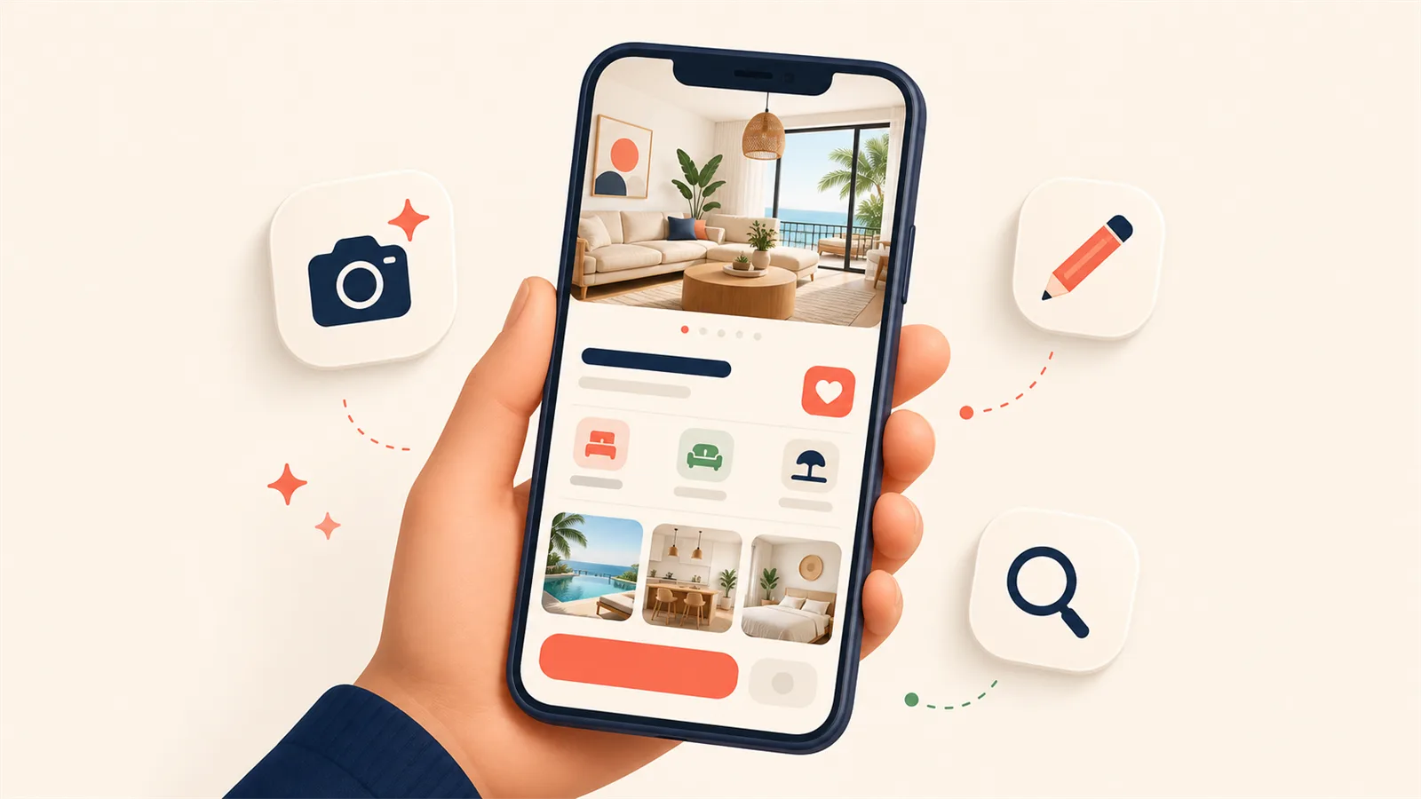 Een smartphone toont een geoptimaliseerde vakantiewoning-listing met sterke foto's, in de HostRev-huisstijl.