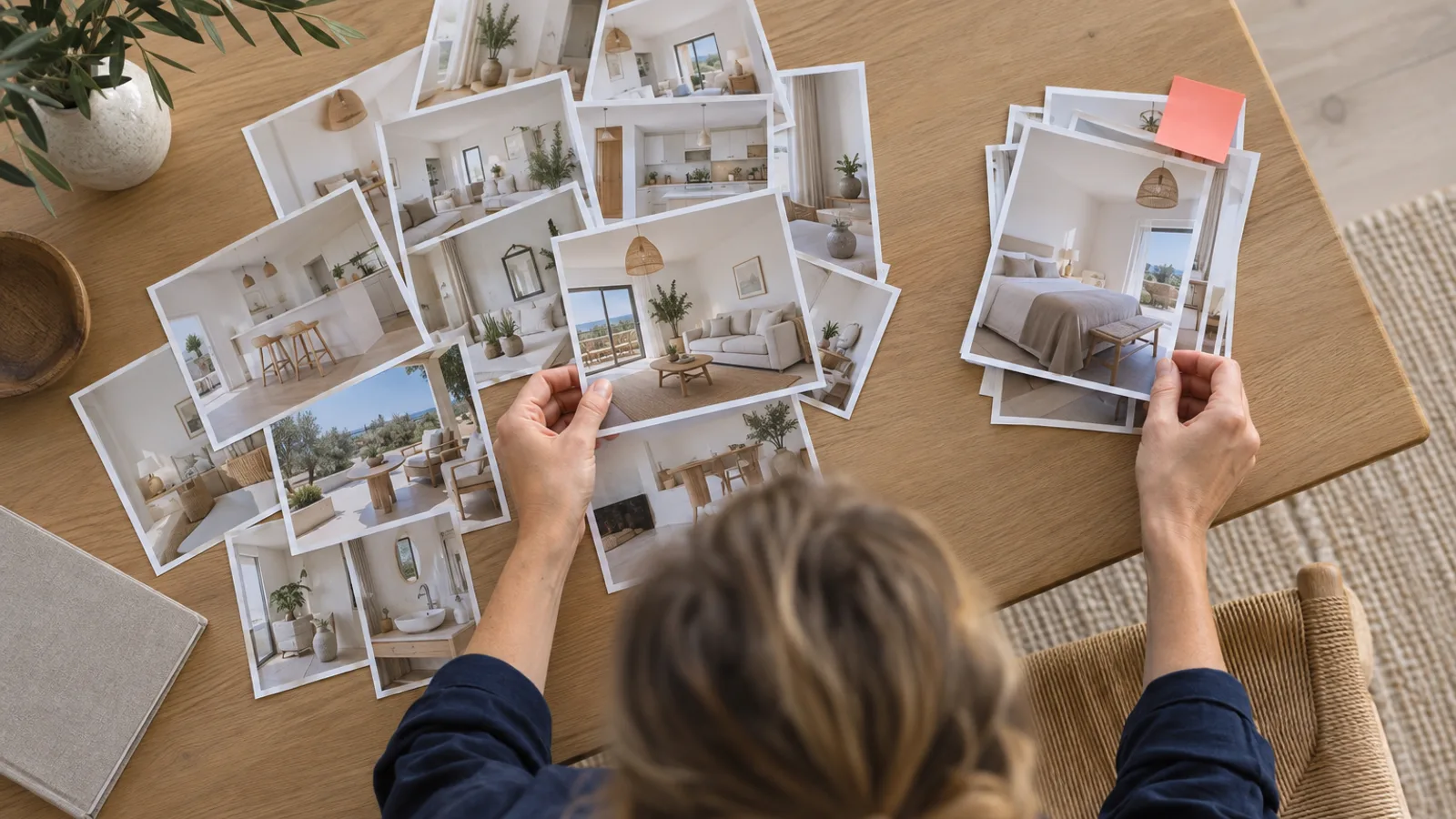 Host sorting a table full of printed holiday-home photos into two piles