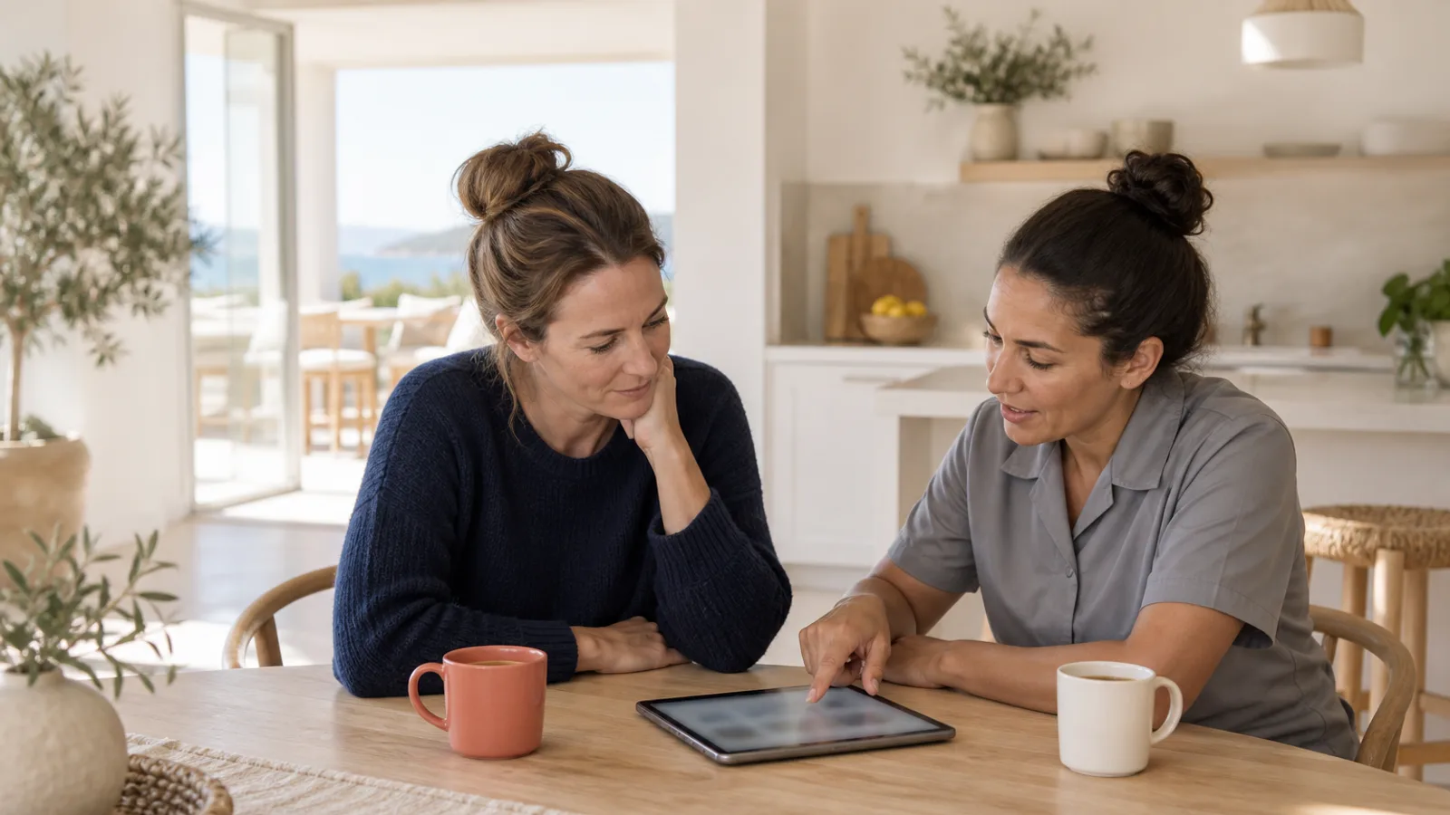 Host and cleaner talking across a kitchen table with coffees and a tablet between them
