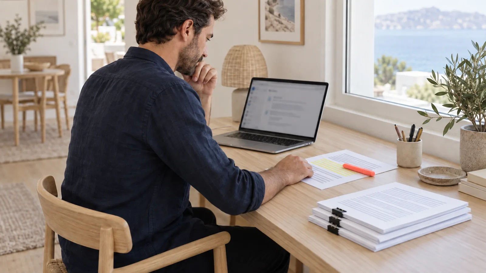 Host at a desk with a laptop, a printed page with a highlighted paragraph and clipped documents, preparing a review removal request