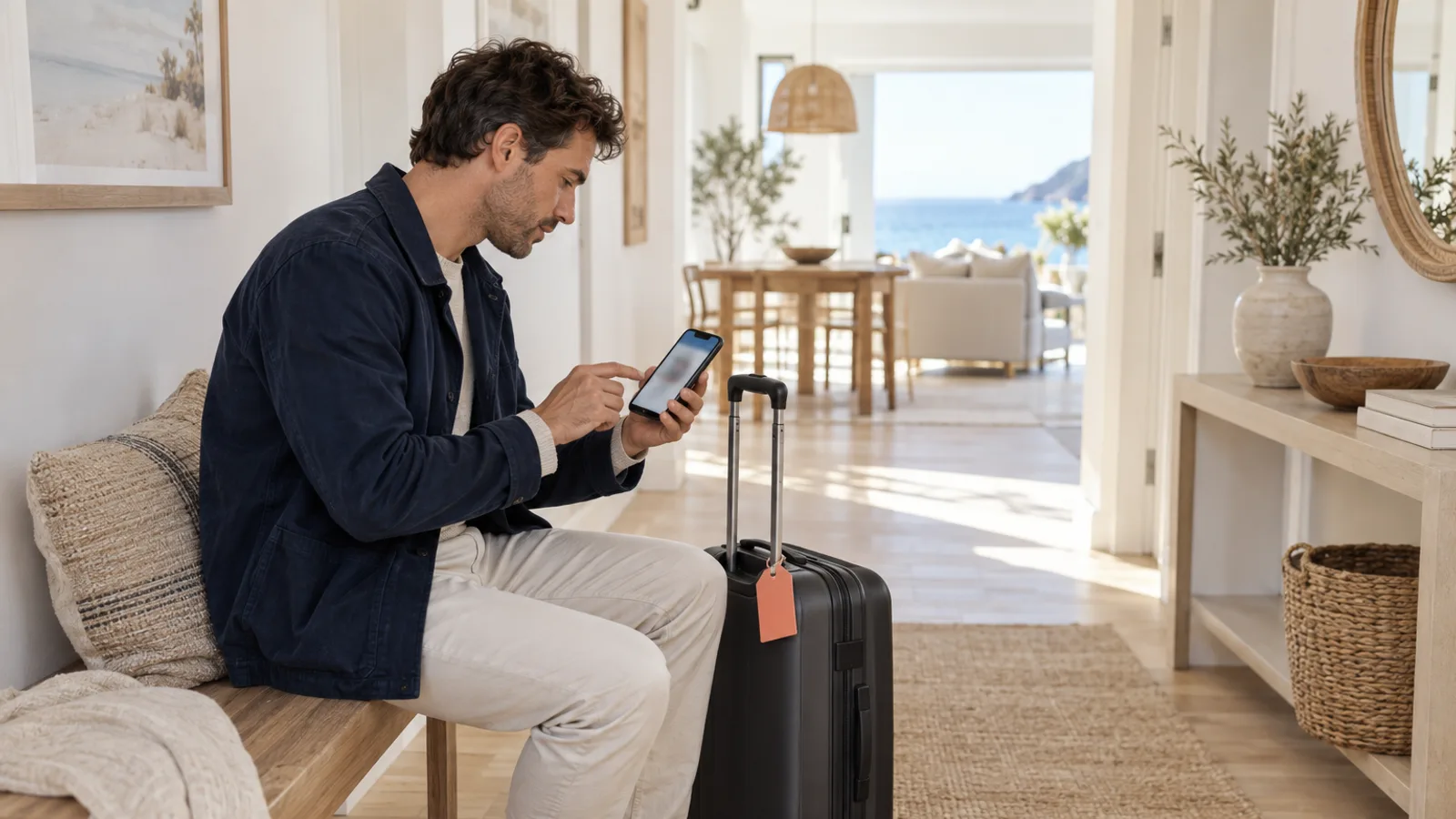 Guest with a carry-on suitcase about to tap a booking on a phone in a bright hallway