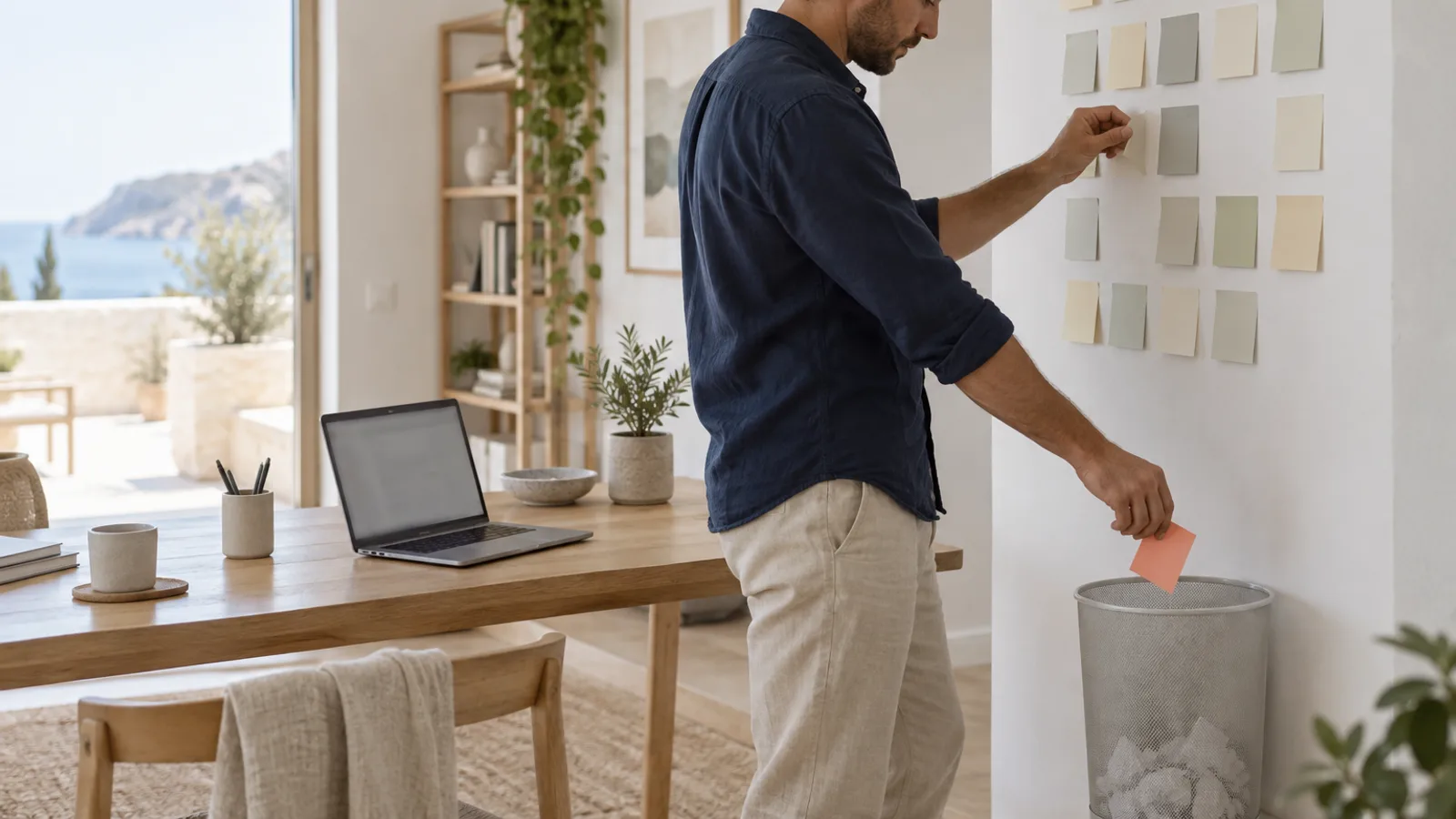 Host peeling a sticky note off a wall of blank notes above a desk in a home office