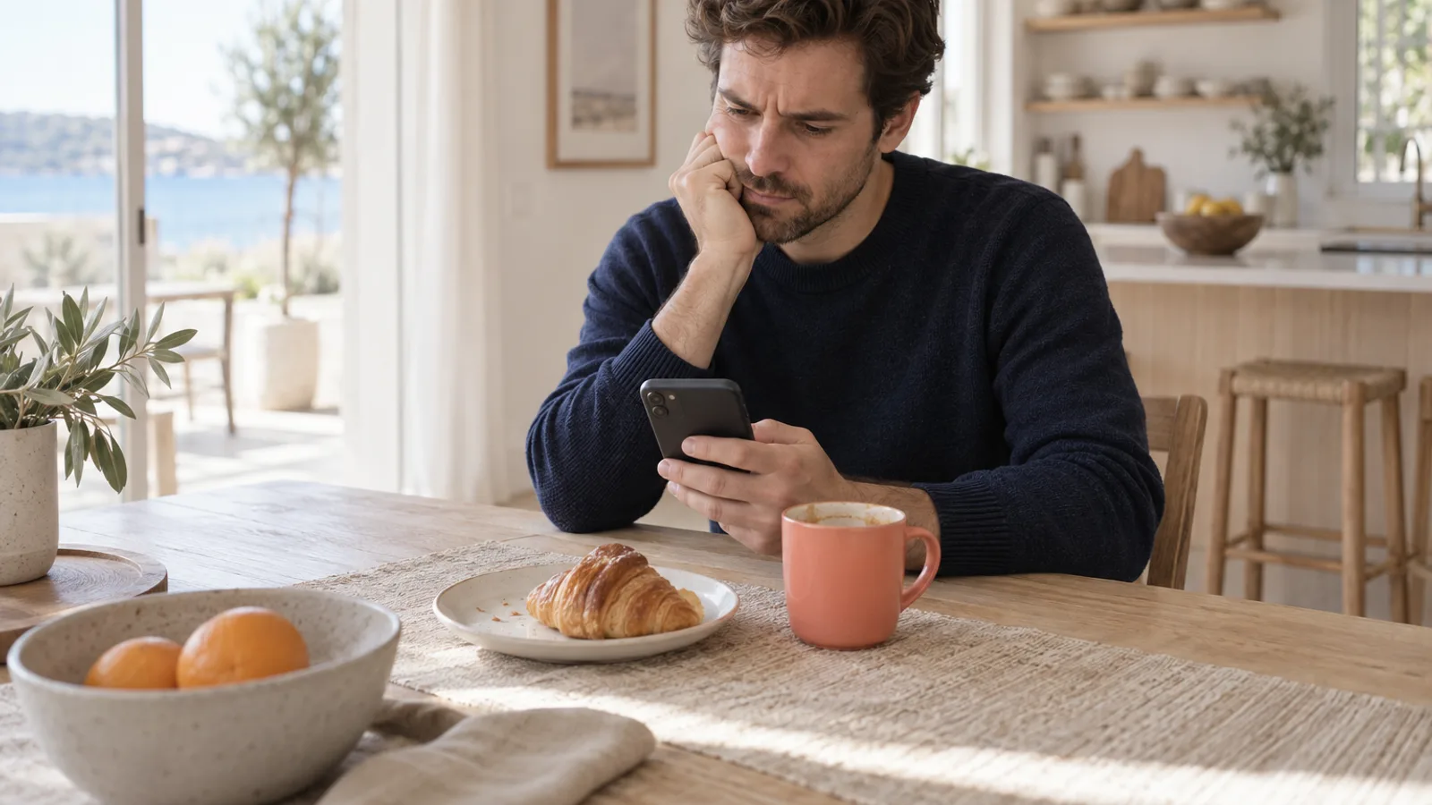 Host at a breakfast table reading a phone with a disappointed expression