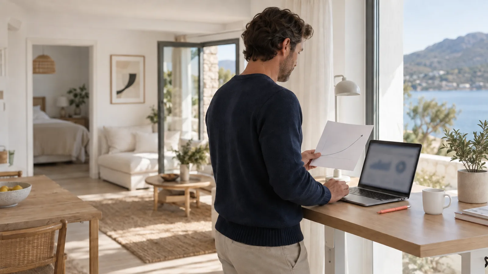 Host at a standing desk holding a sheet with a hand-drawn upward curve next to a laptop