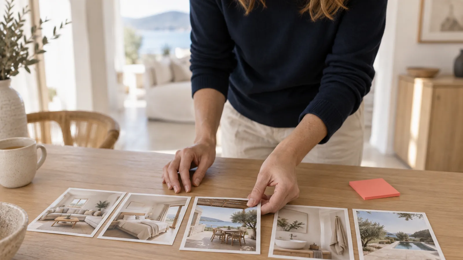 Five printed holiday-home photos in a row on a table, a host's hands selecting the middle one