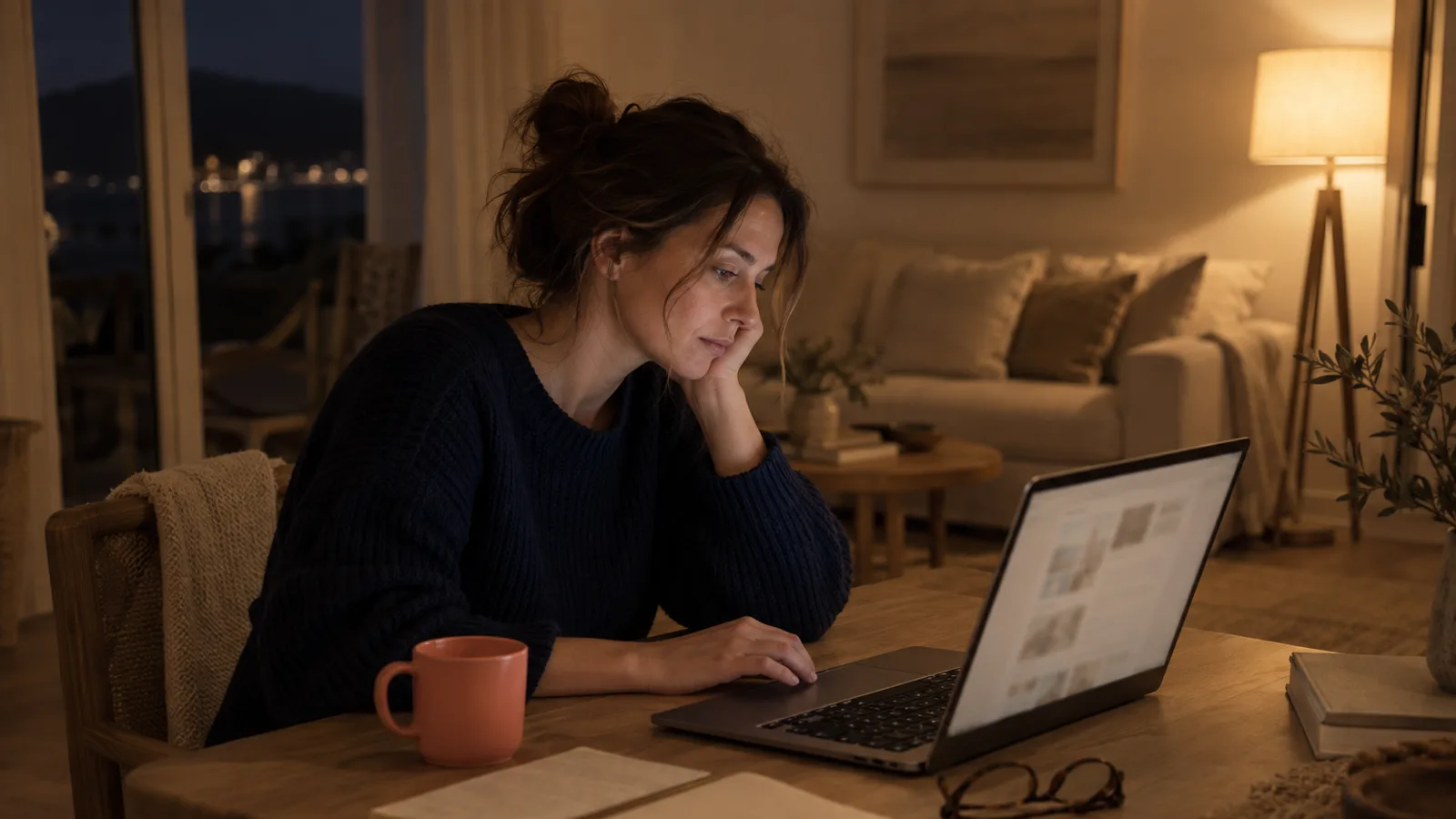Tired host editing a listing on a laptop late in the evening by lamp light