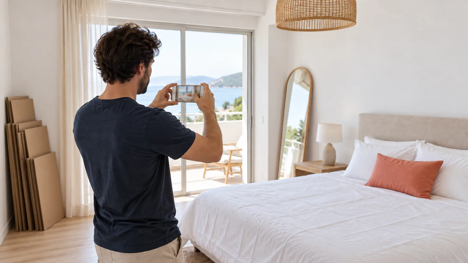Host photographing a freshly furnished apartment with flattened boxes still by the wall