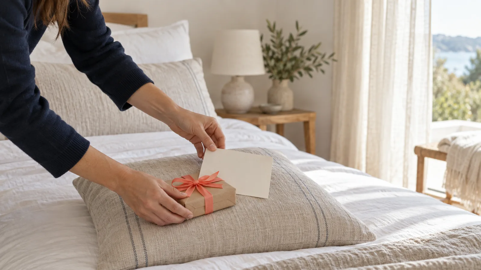 Host placing a welcome card and a small gift on the pillow of a made bed