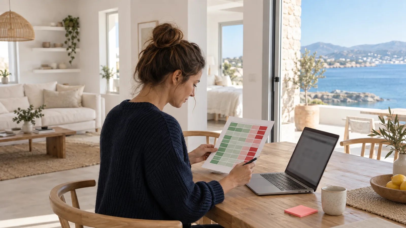 Host holding a colour-coded weekly pricing tracker sheet at a table next to a laptop